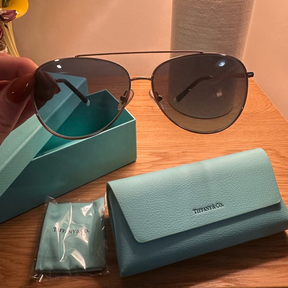 Tiffany & Co. Aviator Sunglasses with Teal Case and Blue-Gray Lenses